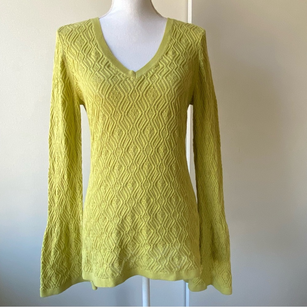 Talbots Sweater Size Medium Lime Green V-Neck Bell Sleeve Open Knit Pima Cotton
